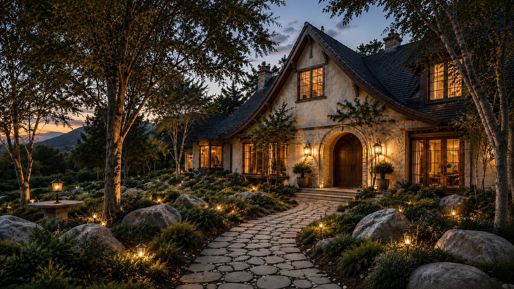 A storybook East Bay home lit warmly at dusk, with a stone path to the front door