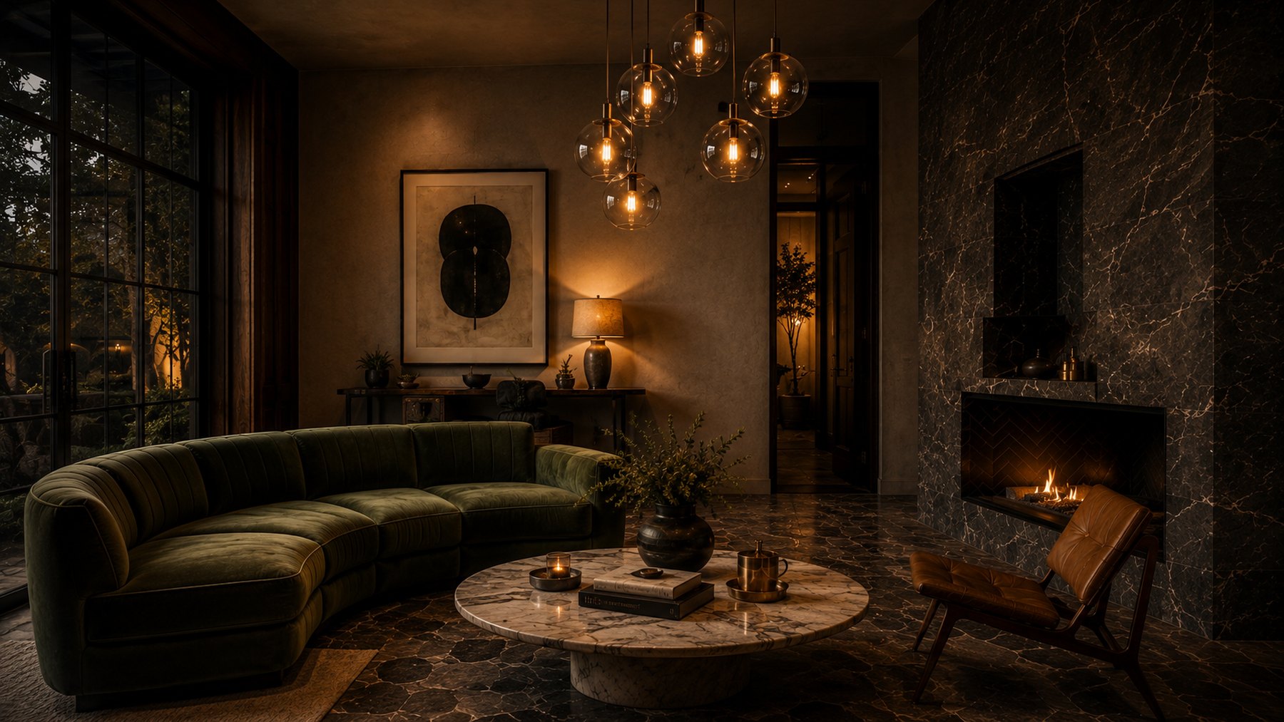 A staged living room with a green velvet sofa, marble fireplace and warm pendant lighting