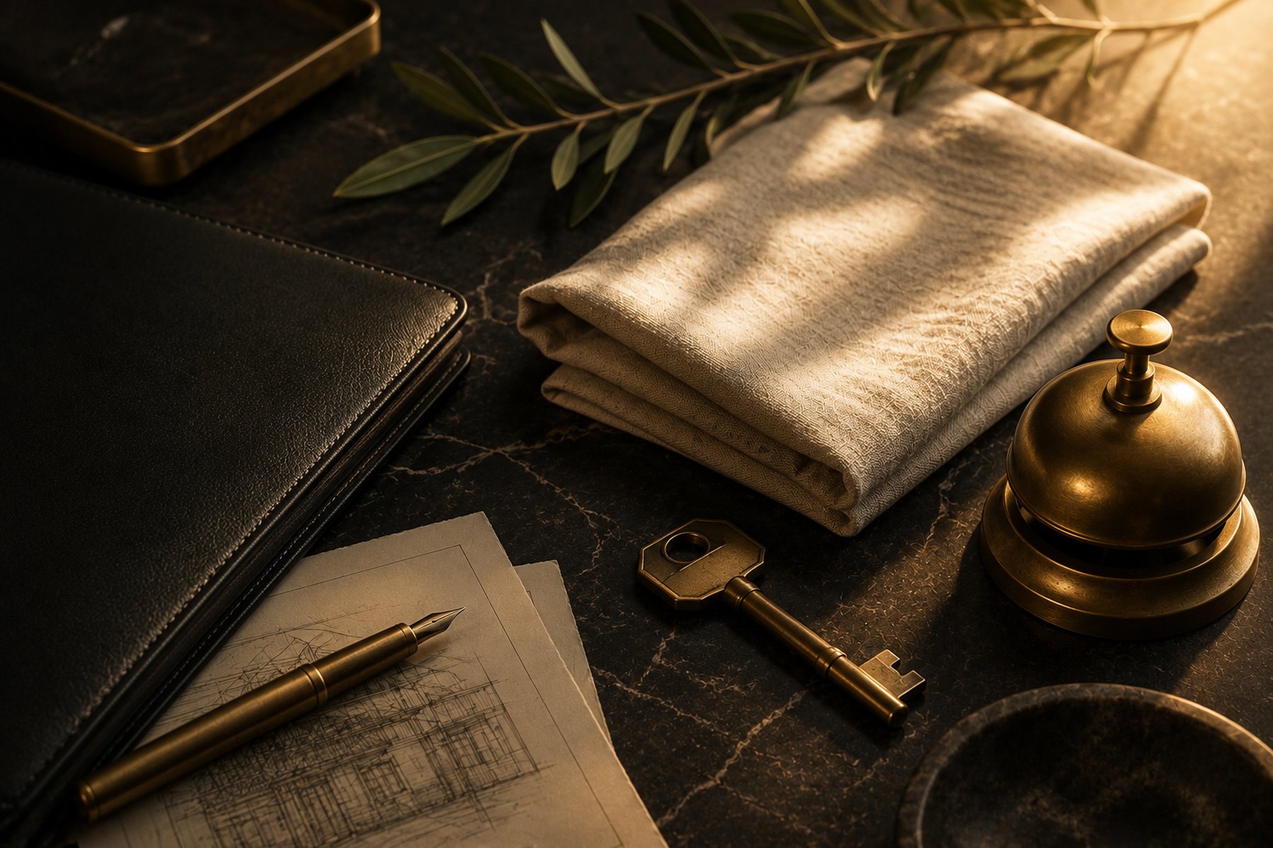 A leather portfolio, brass pen, house plans, key and service bell arranged on dark marble